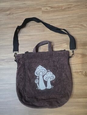 Soul Flower Canvas Mushroom Laptop Book Tote Bag Purse - Purple Pink Brown